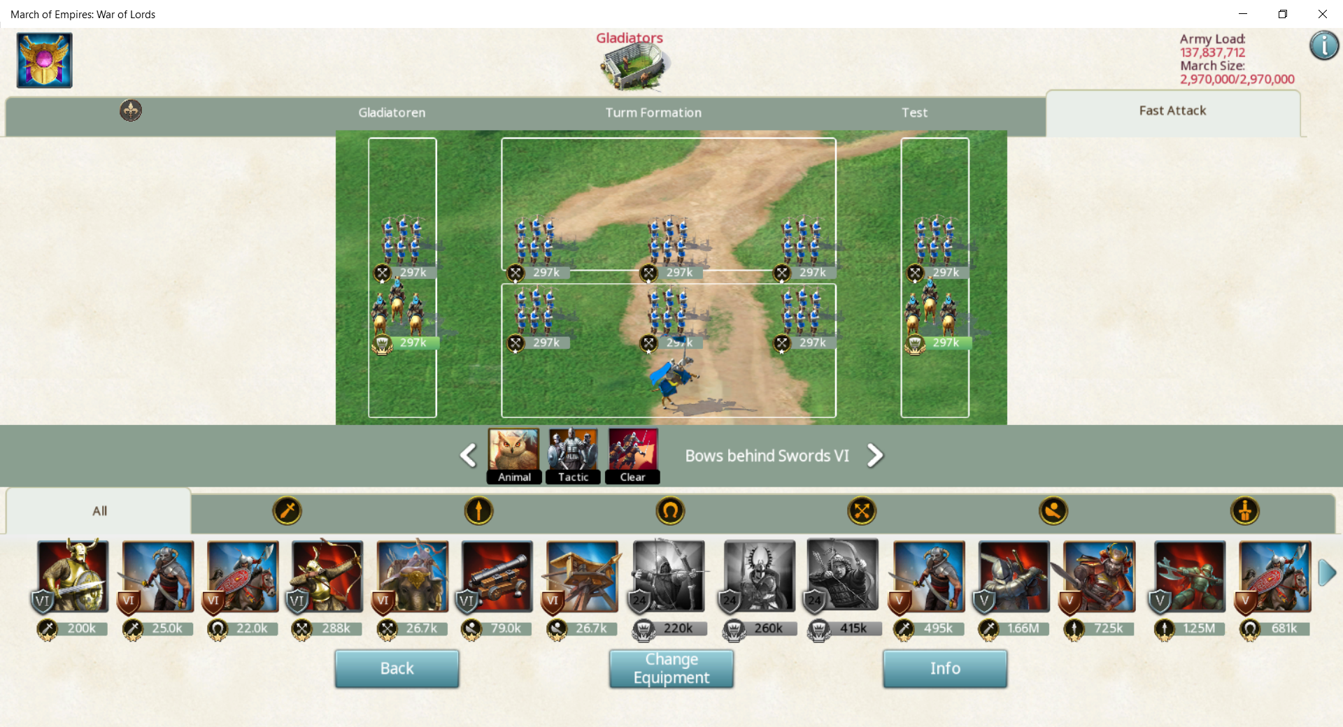 Gladiator Encounter Camps - Formation and Tactics - March Of Empires - War Of Lords