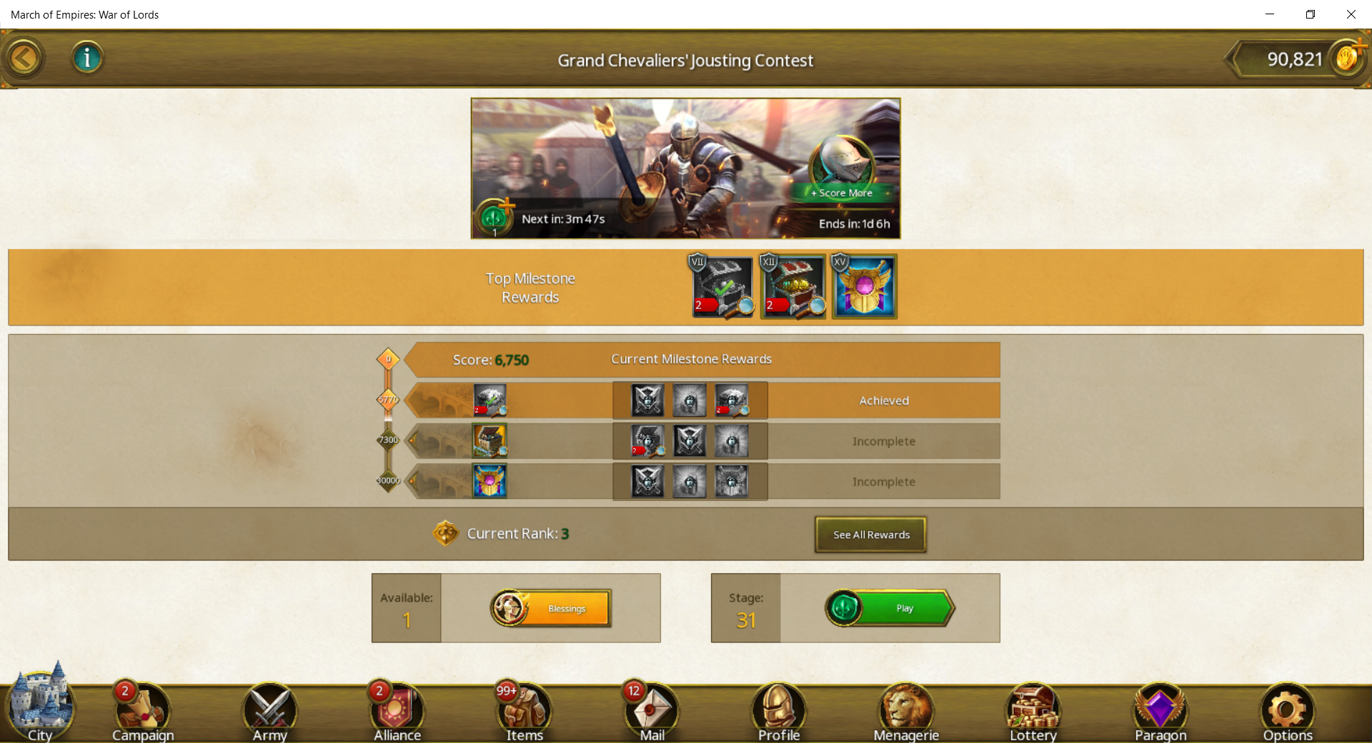 Grand Chevaliers' Jousting Contest - Reaching Rank 3 in Stage 30 - March Of Empires - War Of Lords