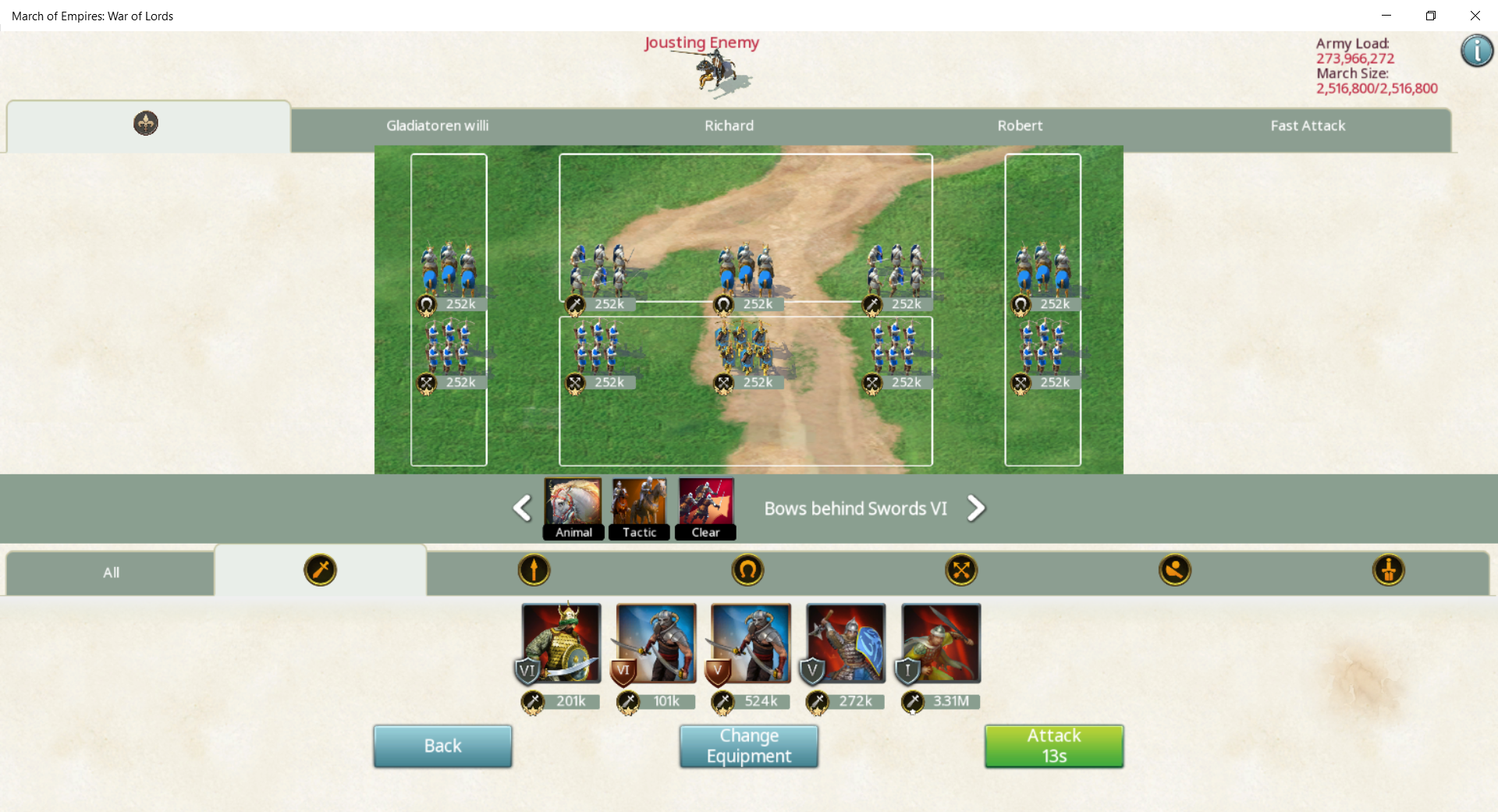 Jousting Tournament - My formation and presets of units and tactic - March Of Empires - War Of Lords